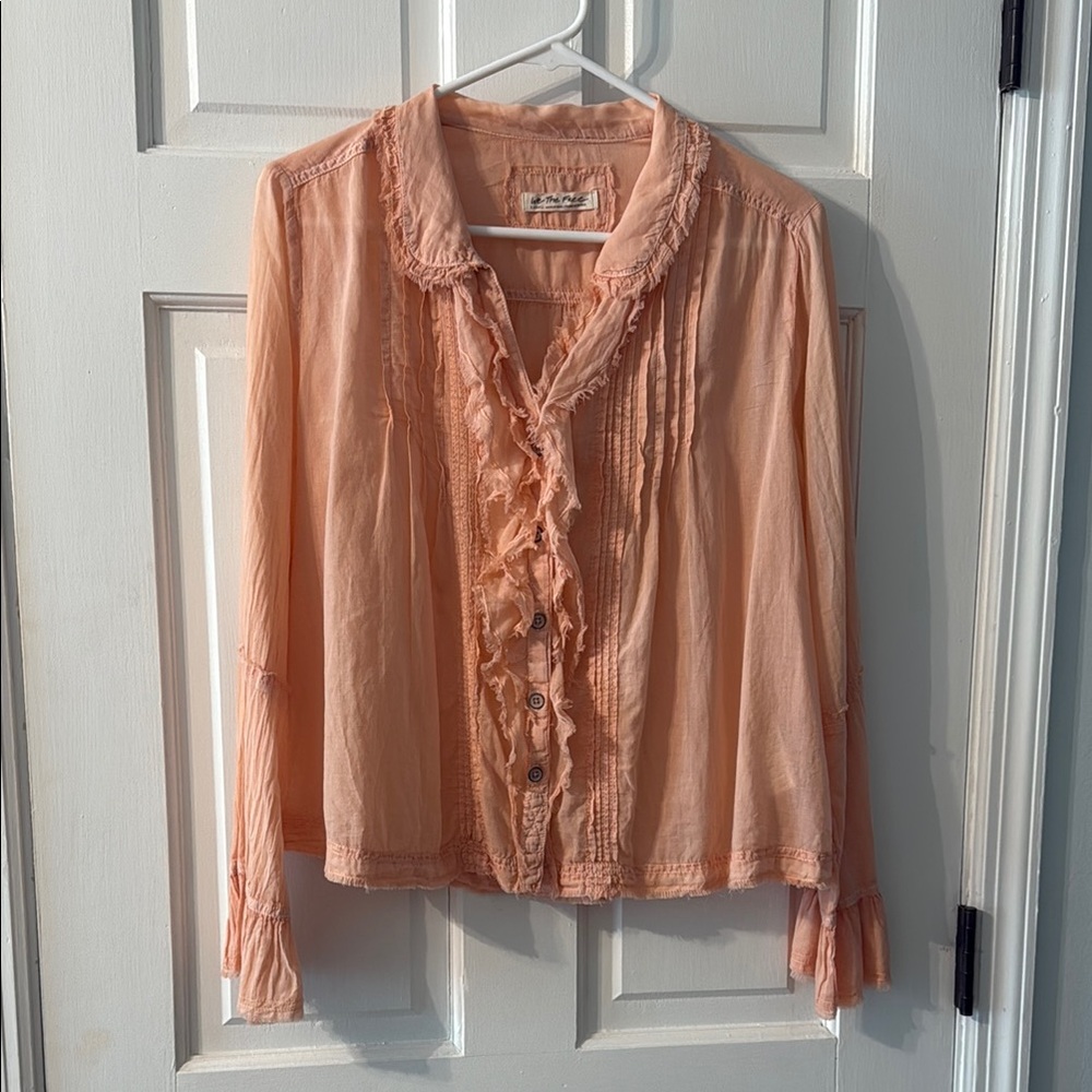 we the free Peach Ruffled Button-Up Blouse